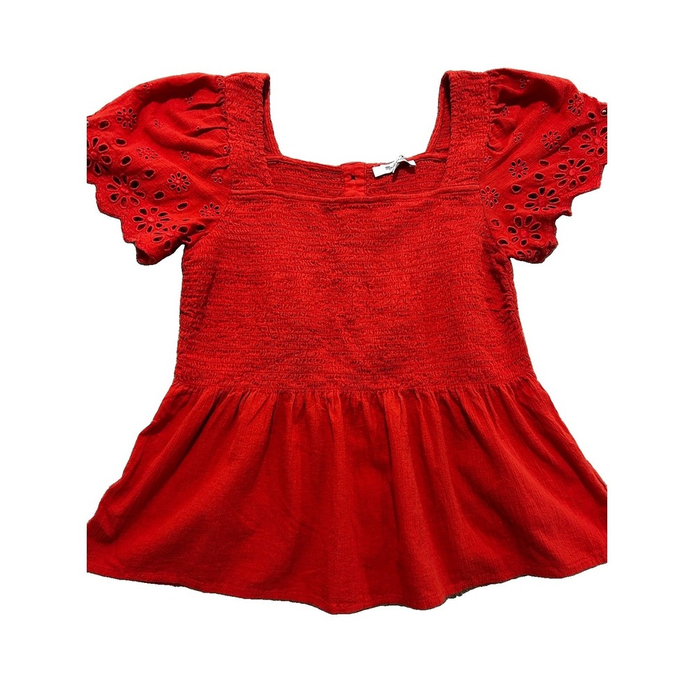 Madewell Women's M Eyelet-Sleeve Lucie Smocked Peplum Top Rust Color - Picture 2 of 7
